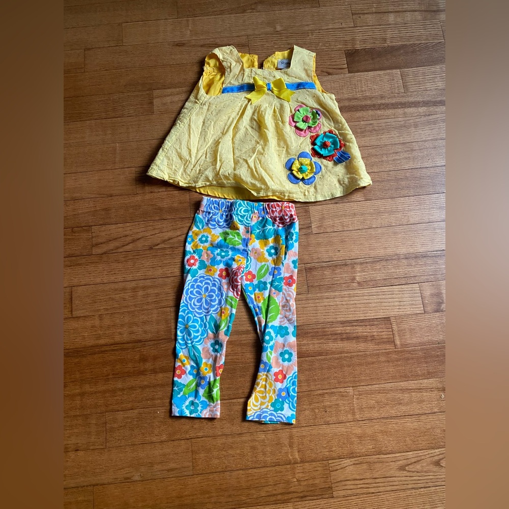 Rare, Too! Matching set Baby Girls 18 months yellow top and very colorful pants